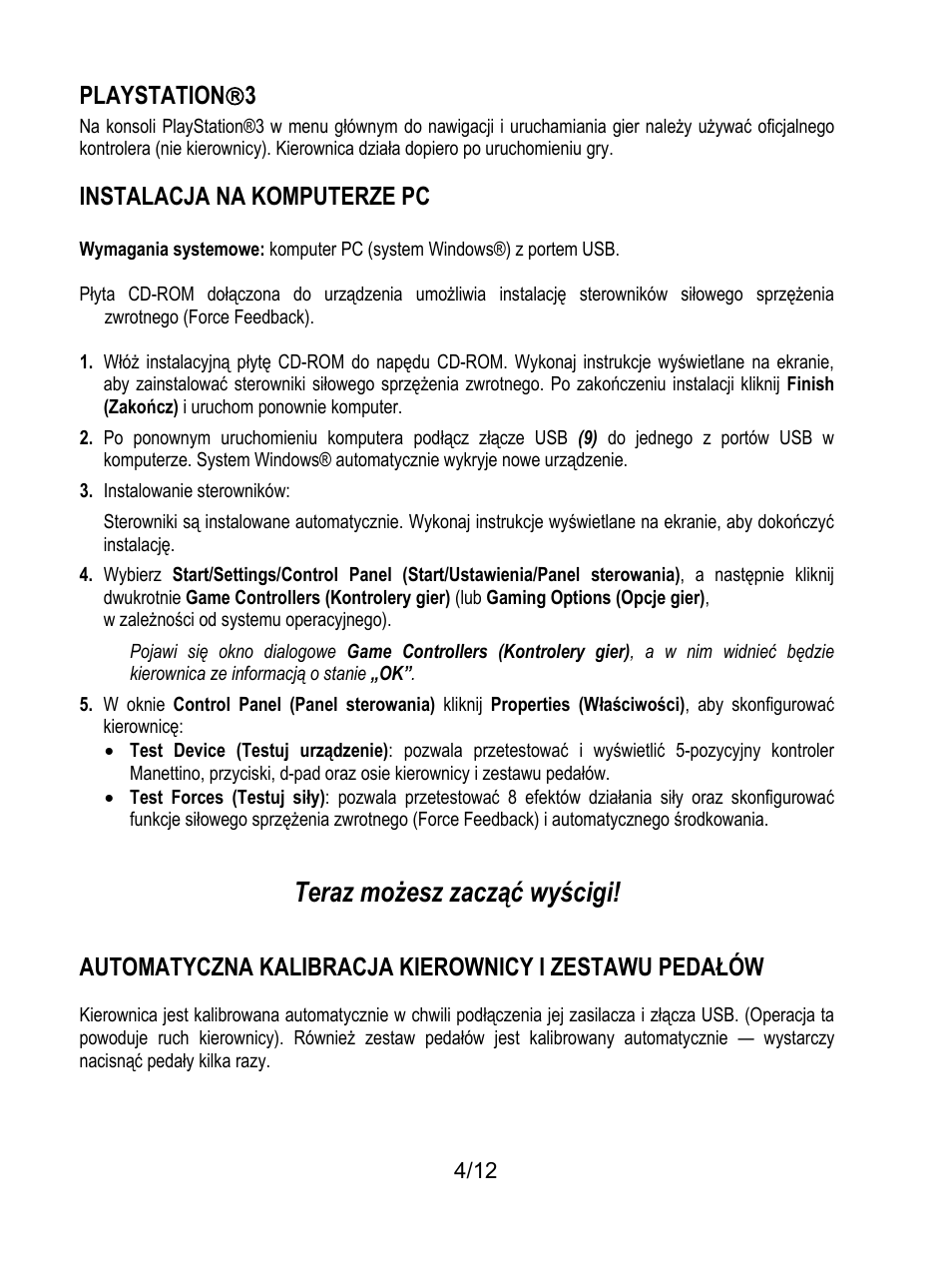 Teraz możesz zacząć wyścigi, Playstation  3, Instalacja na komputerze pc | Thrustmaster F430 FFB User Manual | Page 125 / 147