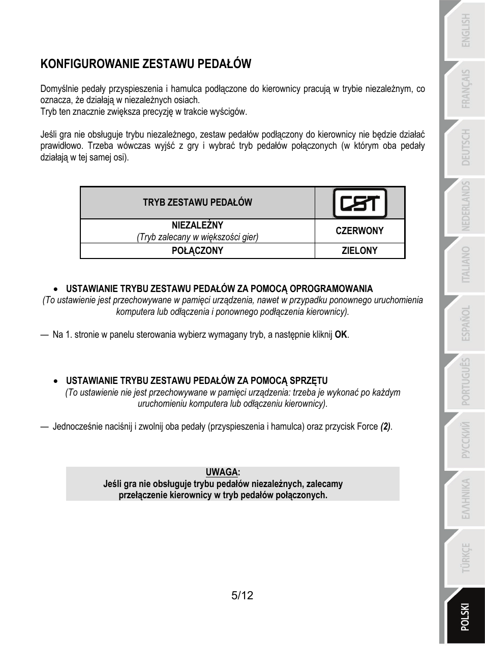 Uwaga, Przełączenie kierownicy w tryb pedałów połączonych, Konfigurowanie zestawu pedałów | Thrustmaster F430 FFB User Manual | Page 126 / 147