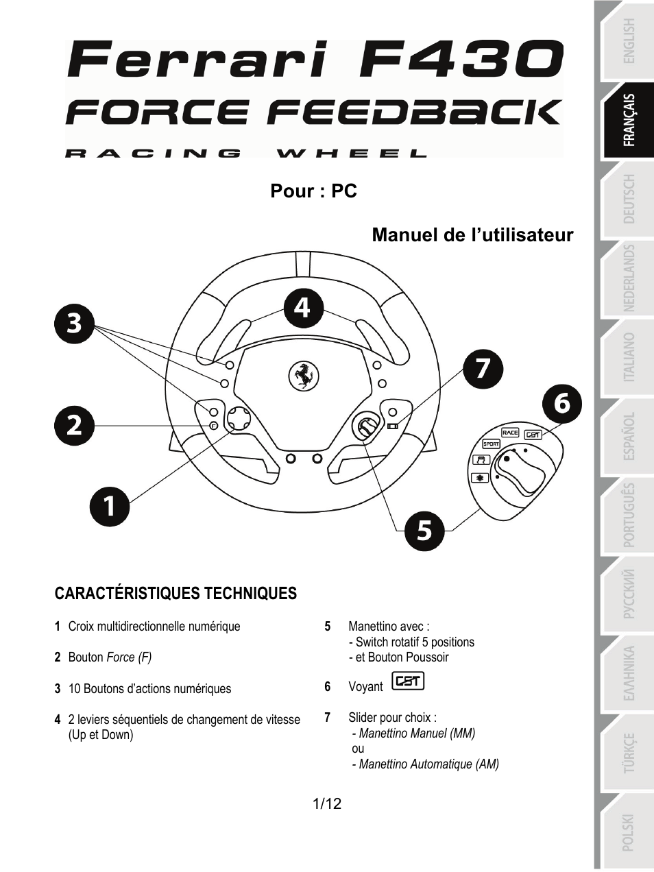 02_fra_ferrari f430 force feedback racing wheel_v4, Caractéristiques techniques, Pour : pc manuel de l’utilisateur | Thrustmaster F430 FFB User Manual | Page 14 / 147