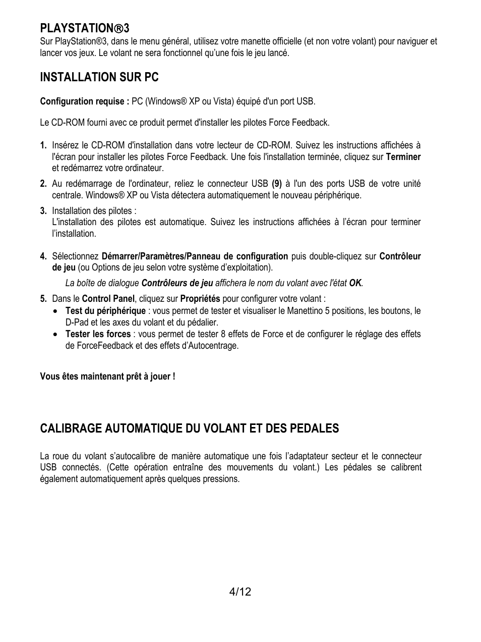 Playstation(3, Installation sur pc, Calibrage automatique du volant et des pedales | Playstation  3 | Thrustmaster F430 FFB User Manual | Page 17 / 147