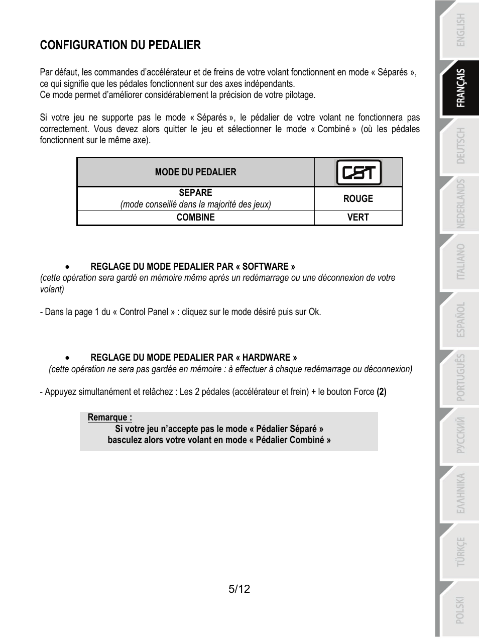 Configuration du pedalier | Thrustmaster F430 FFB User Manual | Page 18 / 147