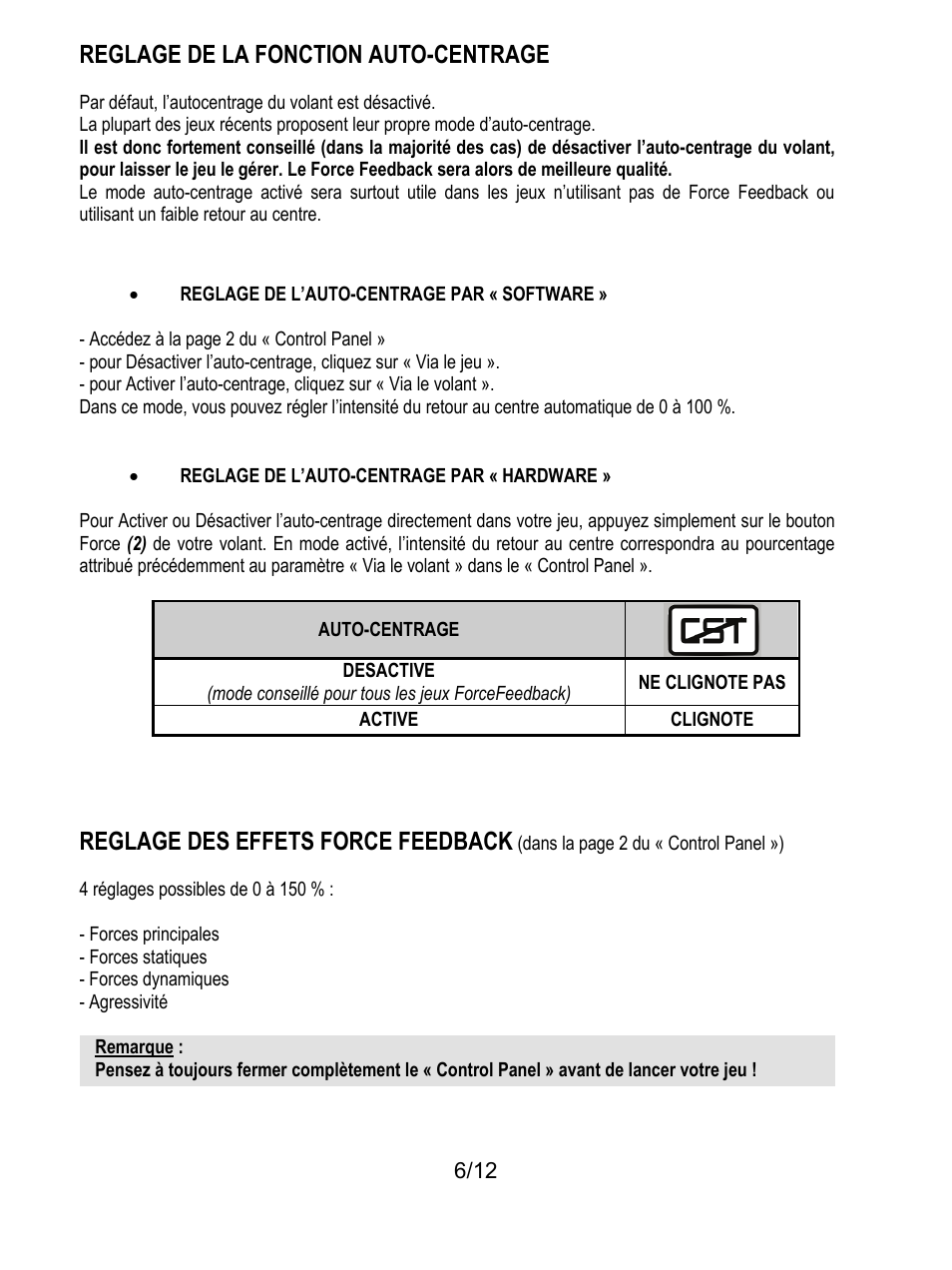 Reglage de la fonction auto-centrage, Reglage des effets force feedback | Thrustmaster F430 FFB User Manual | Page 19 / 147