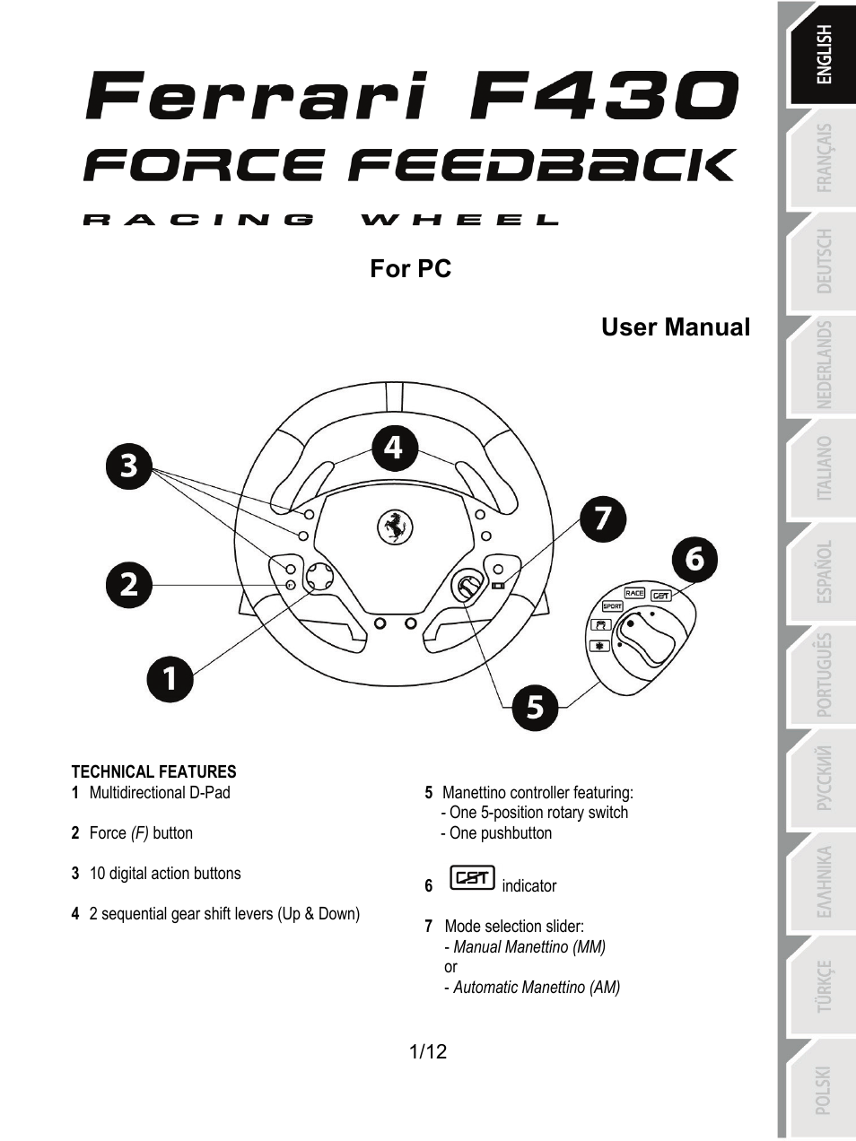 01_eng_ferrari f430 force feedback racing wheel_v4, Technical features, For pc user manual | Thrustmaster F430 FFB User Manual | Page 2 / 147