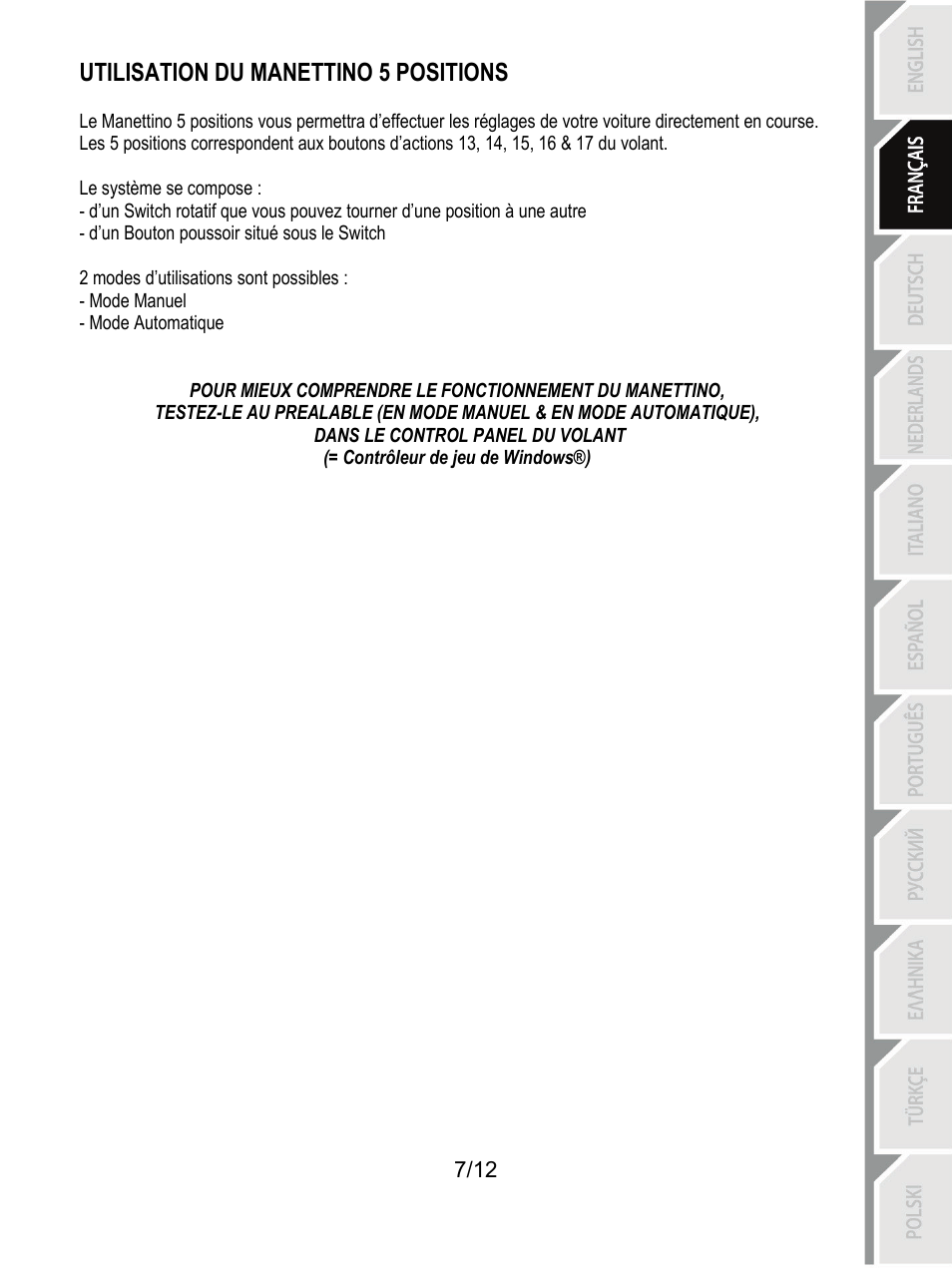 Utilisation du manettino 5 positions | Thrustmaster F430 FFB User Manual | Page 20 / 147