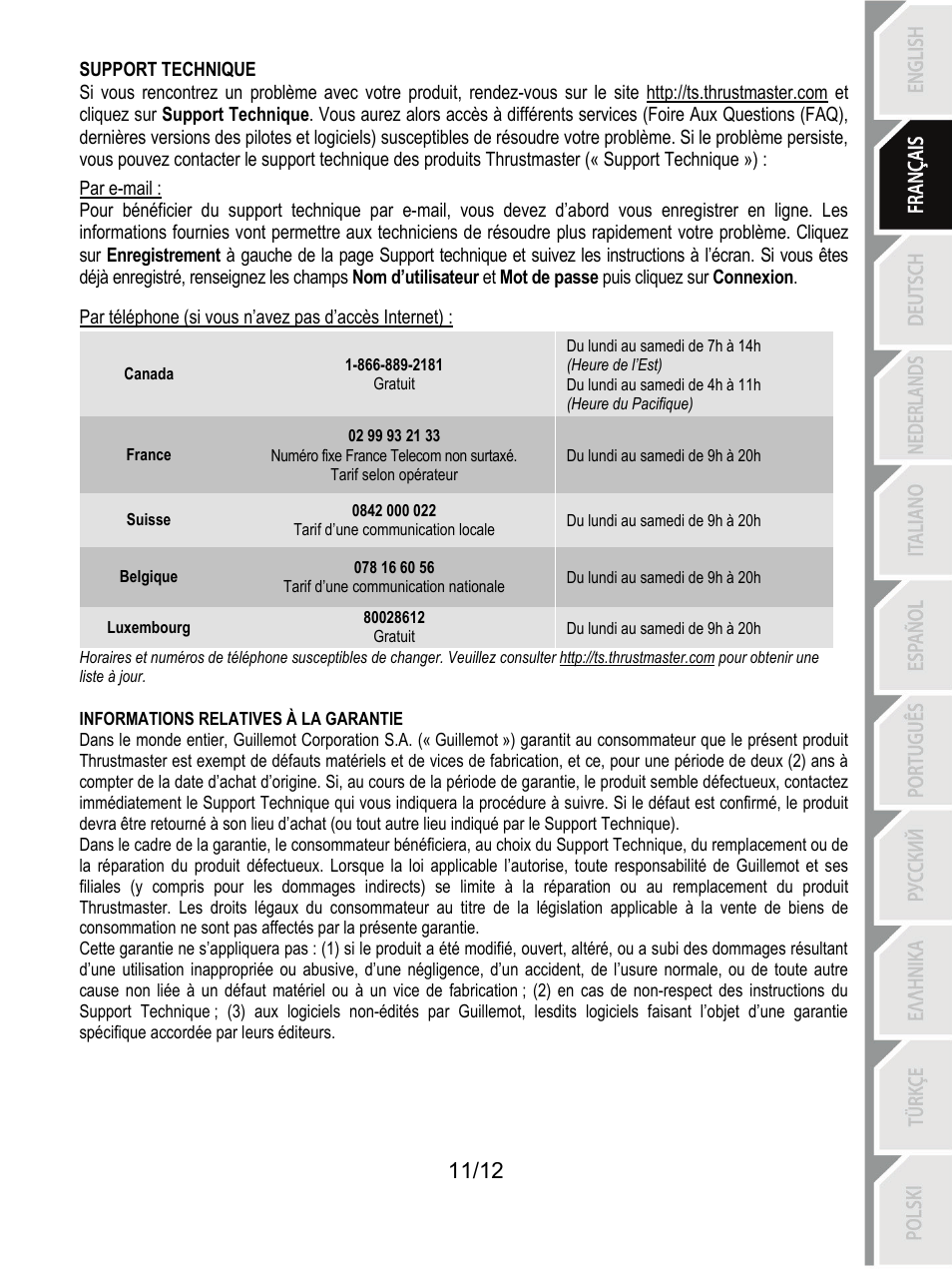 Support technique, Informations relatives à la garantie | Thrustmaster F430 FFB User Manual | Page 24 / 147