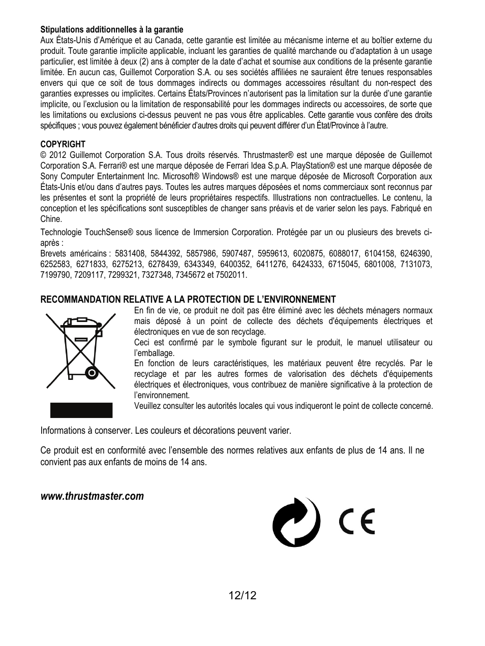 Stipulations additionnelles à la garantie | Thrustmaster F430 FFB User Manual | Page 25 / 147