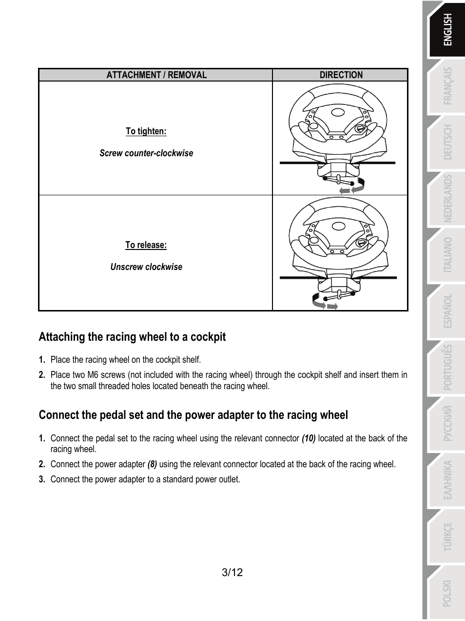 Direction, Attachment / removal, Attaching the racing wheel to a cockpit | Thrustmaster F430 FFB User Manual | Page 4 / 147