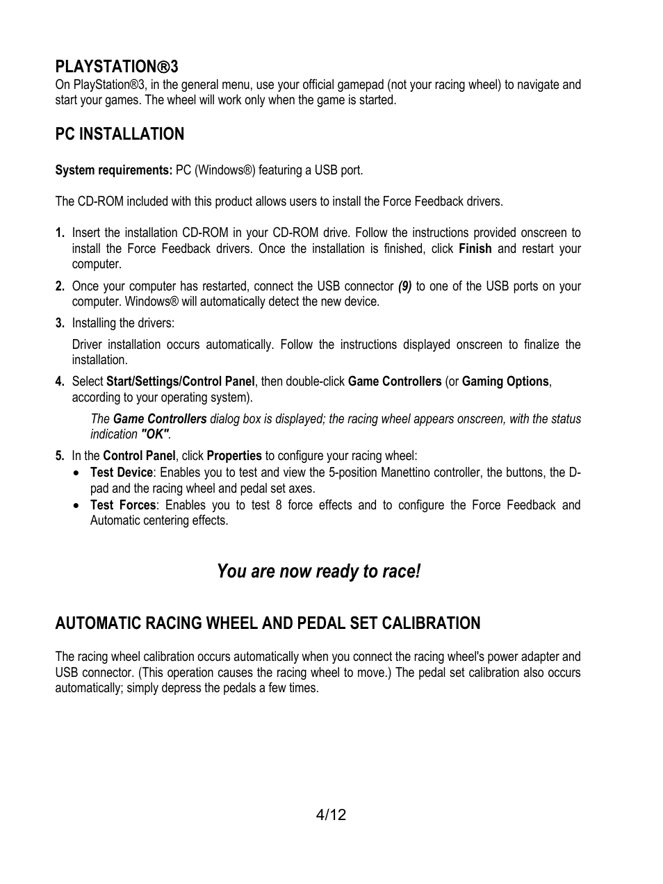 Playstation(3, You are now ready to race, Playstation  3 | Pc installation, Automatic racing wheel and pedal set calibration | Thrustmaster F430 FFB User Manual | Page 5 / 147