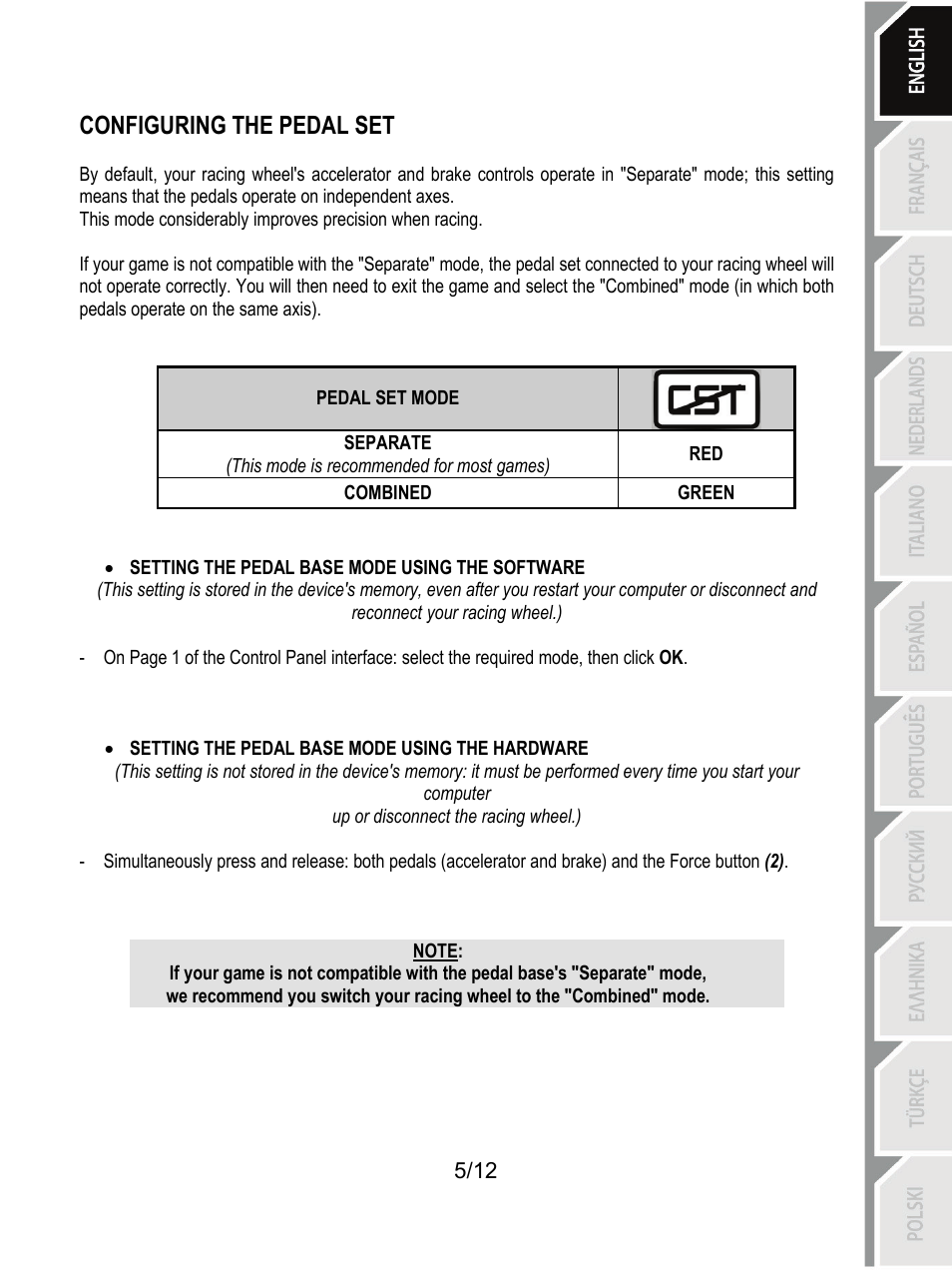 Configuring the pedal set | Thrustmaster F430 FFB User Manual | Page 6 / 147