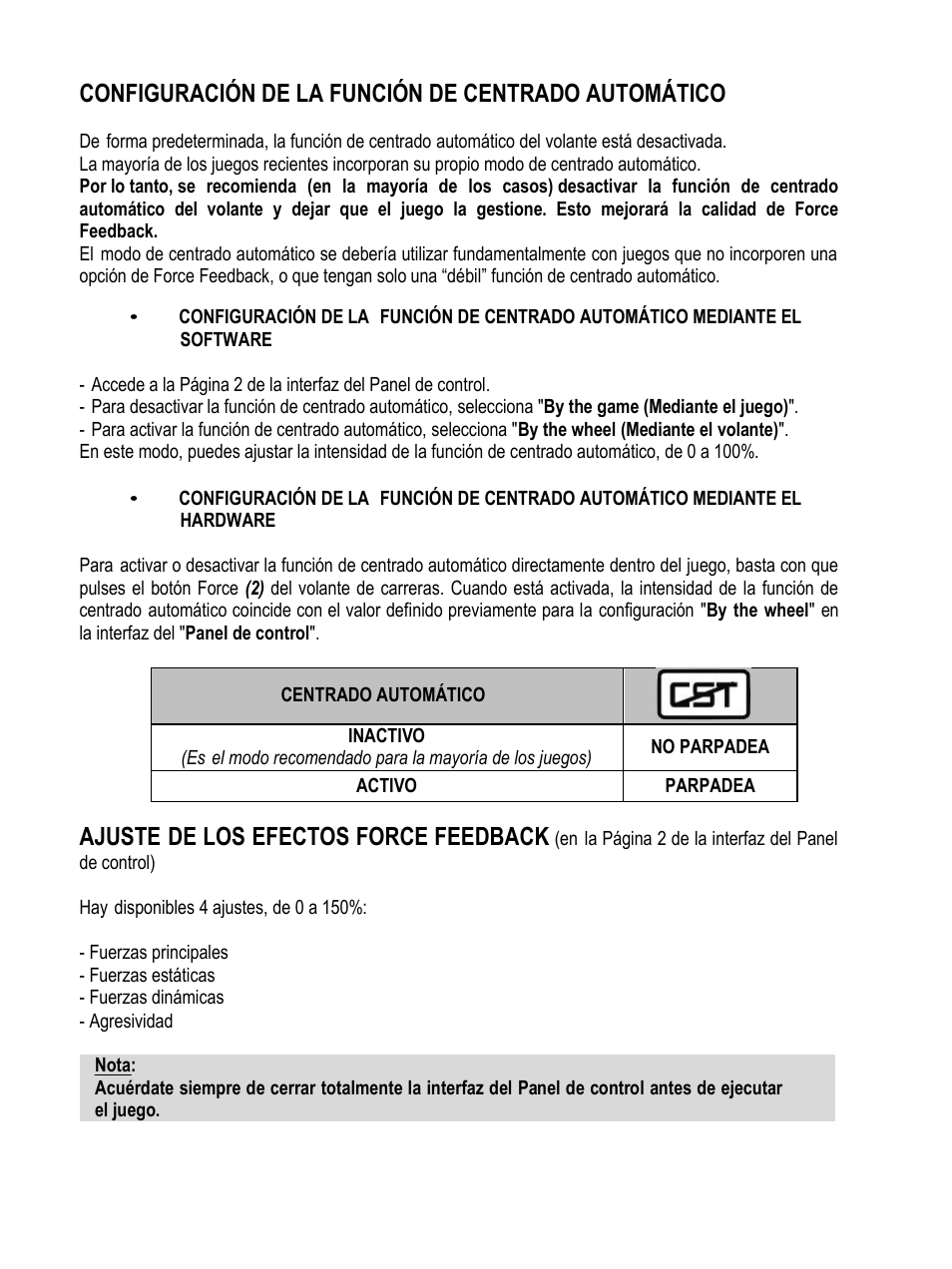 Configuración de la función de centrado automático, Ajuste de los efectos force feedback | Thrustmaster F430 FFB User Manual | Page 67 / 147