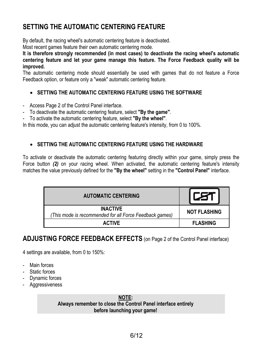Setting the automatic centering feature, Adjusting force feedback effects | Thrustmaster F430 FFB User Manual | Page 7 / 147