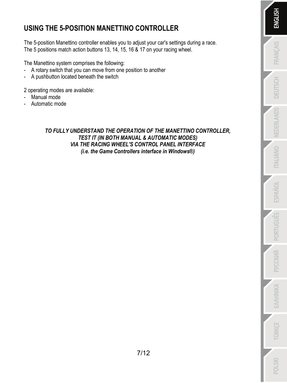 Using the 5-position manettino controller | Thrustmaster F430 FFB User Manual | Page 8 / 147