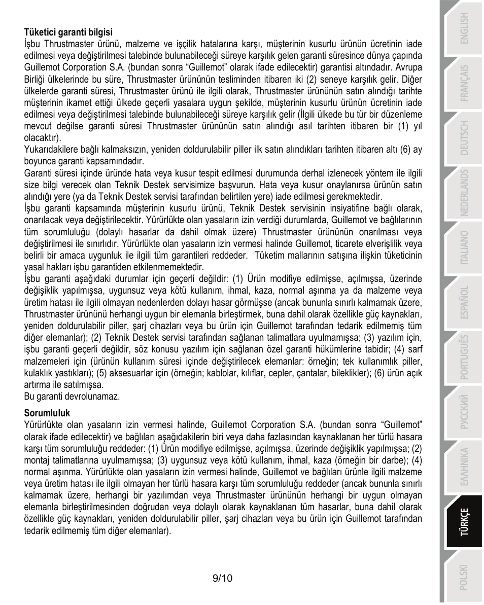 Tüketici garanti bilgisi, Sorumluluk | Thrustmaster Ferrari Challenge PC-PS3 User Manual | Page 100 / 121