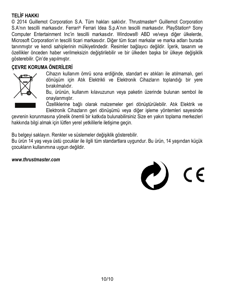 Telif hakkı | Thrustmaster Ferrari Challenge PC-PS3 User Manual | Page 101 / 121