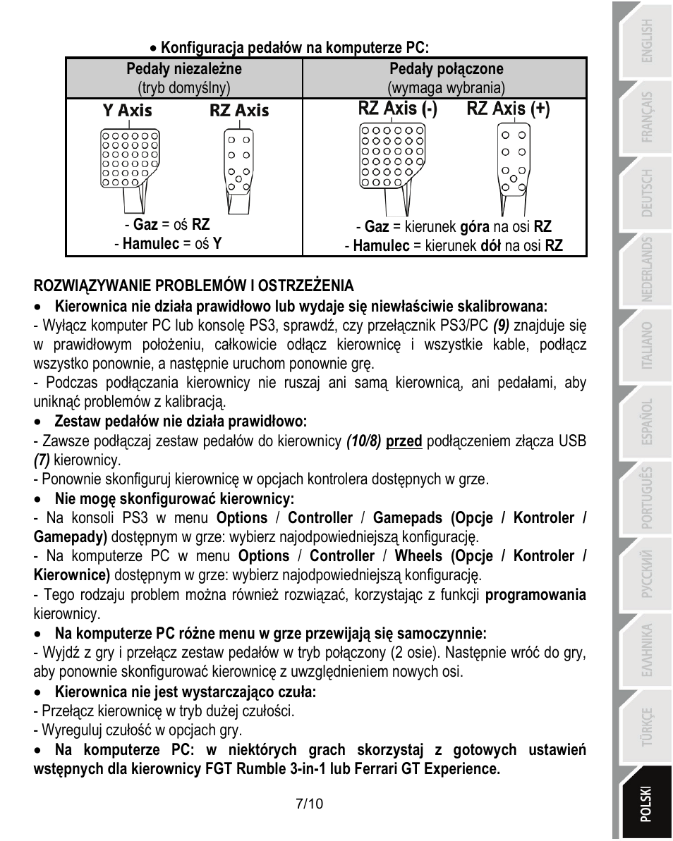 Rozwiązywanie problemów i ostrzeżenia | Thrustmaster Ferrari Challenge PC-PS3 User Manual | Page 108 / 121