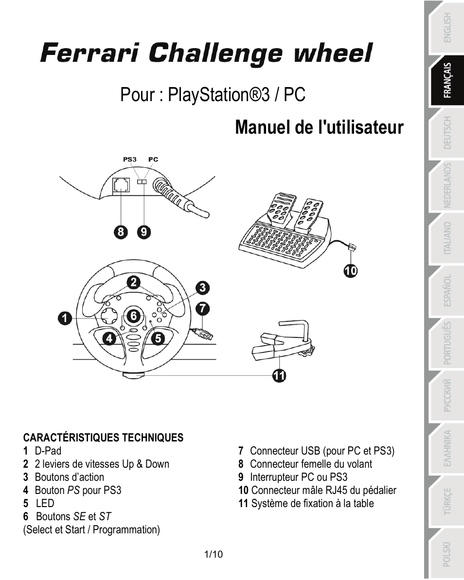 02_fra_ferrari_challenge_wheel_pc_ps3_v3, Caractéristiques techniques, Manuel de l’utilisateur | Pour : playstation®3 / pc manuel de l'utilisateur | Thrustmaster Ferrari Challenge PC-PS3 User Manual | Page 12 / 121