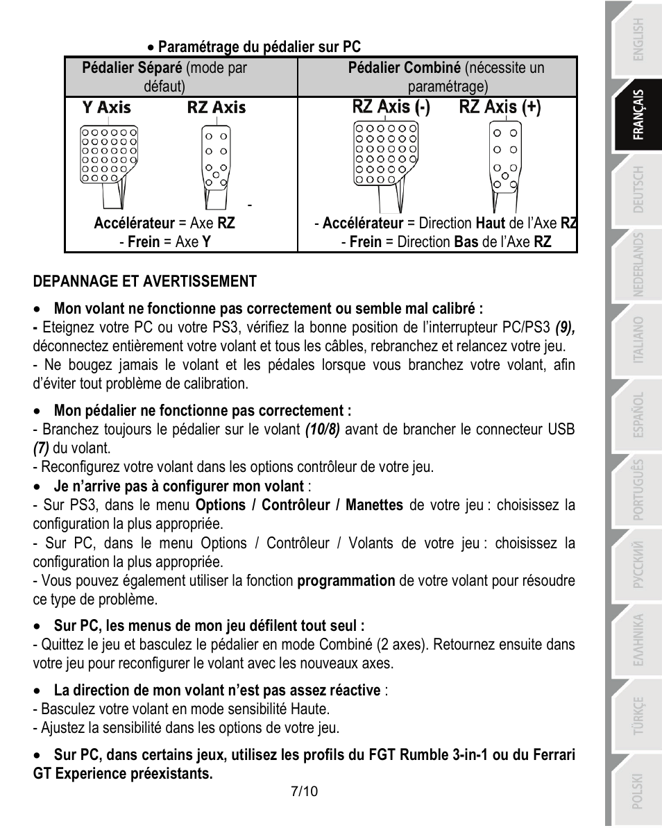 Depannage et avertissement | Thrustmaster Ferrari Challenge PC-PS3 User Manual | Page 18 / 121