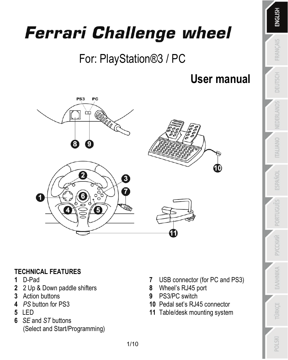 01_eng_ferrari_challenge_wheel_pc_ps3_v3, Technical features, User manual | For: playstation®3 / pc user manual | Thrustmaster Ferrari Challenge PC-PS3 User Manual | Page 2 / 121