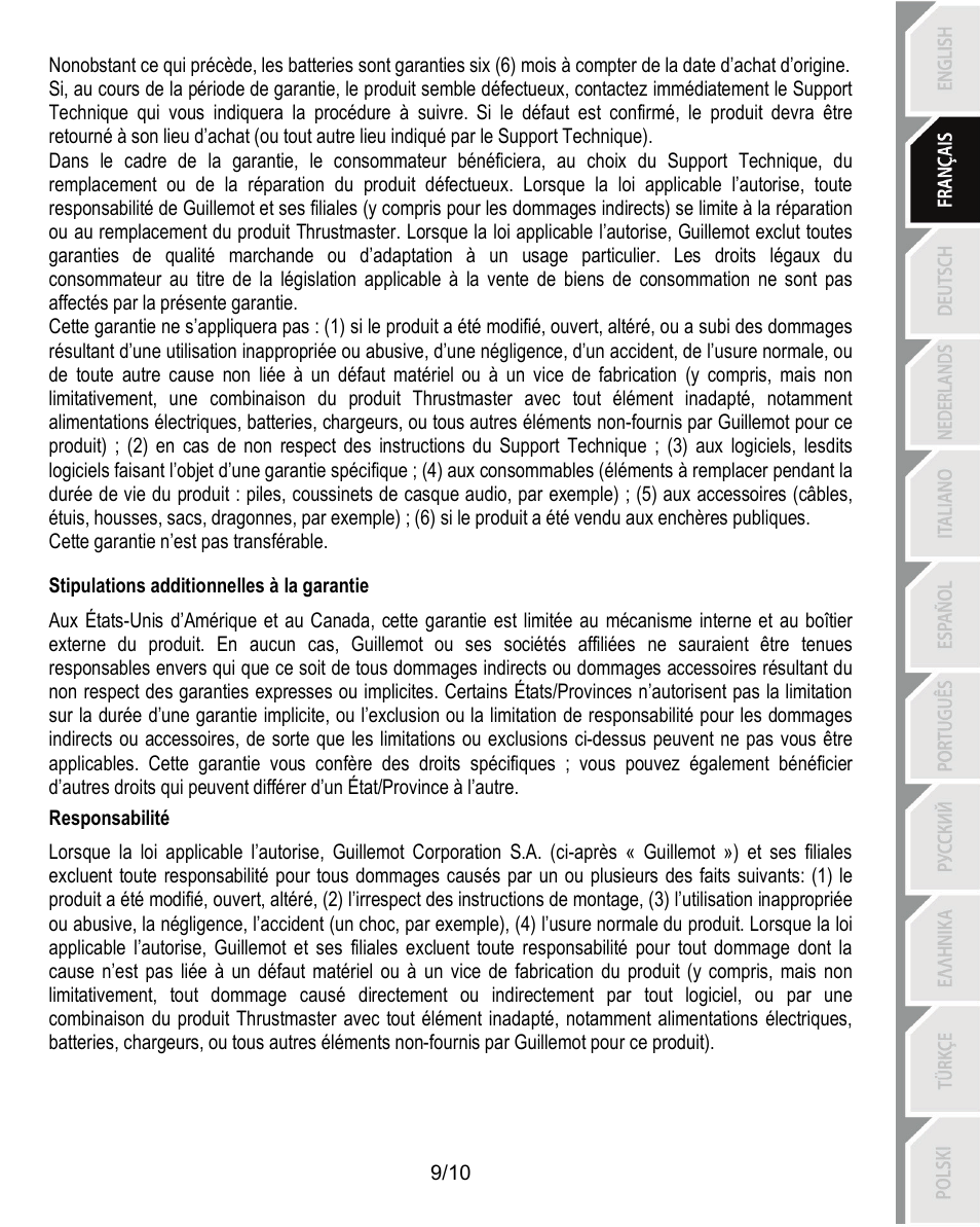 Stipulations additionnelles à la garantie, Responsabilité | Thrustmaster Ferrari Challenge PC-PS3 User Manual | Page 20 / 121