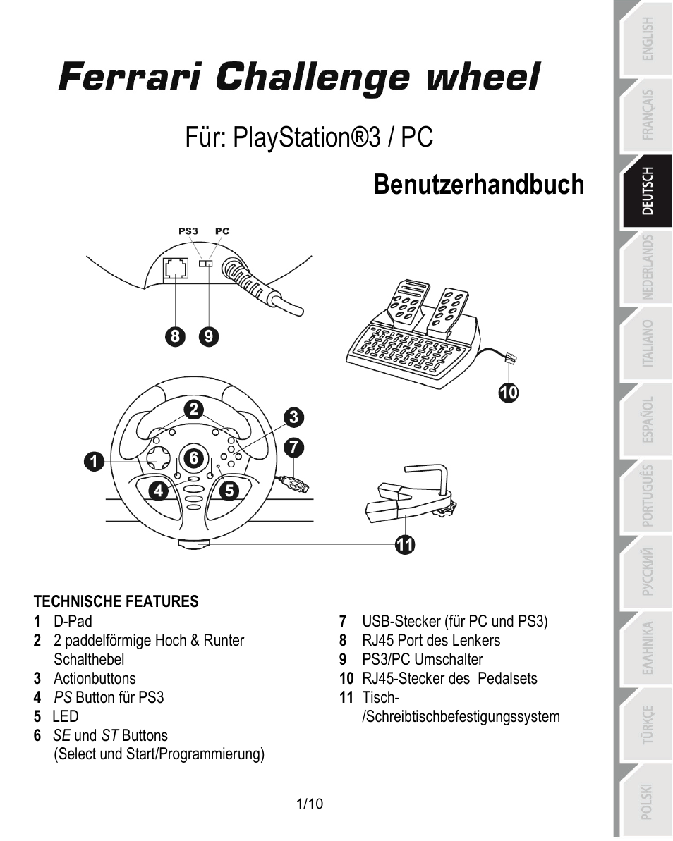 03_ger_ferrari_challenge_wheel_pc_ps3_v3, Technische features, Benutzerhandbuch | Für: playstation®3 / pc benutzerhandbuch | Thrustmaster Ferrari Challenge PC-PS3 User Manual | Page 22 / 121