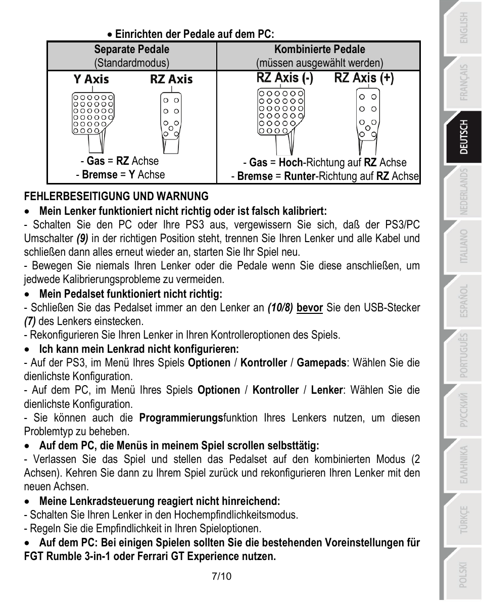 Fehlerbeseitigung und warnung | Thrustmaster Ferrari Challenge PC-PS3 User Manual | Page 28 / 121