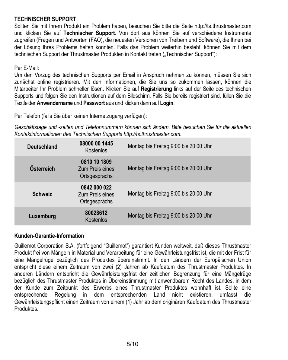 Kunden-garantie-information | Thrustmaster Ferrari Challenge PC-PS3 User Manual | Page 29 / 121