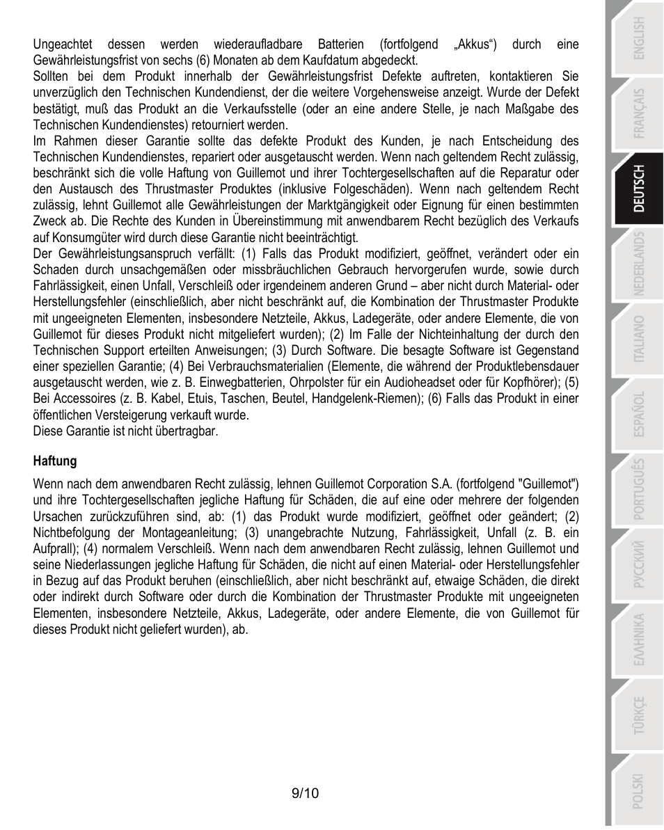 Haftung | Thrustmaster Ferrari Challenge PC-PS3 User Manual | Page 30 / 121
