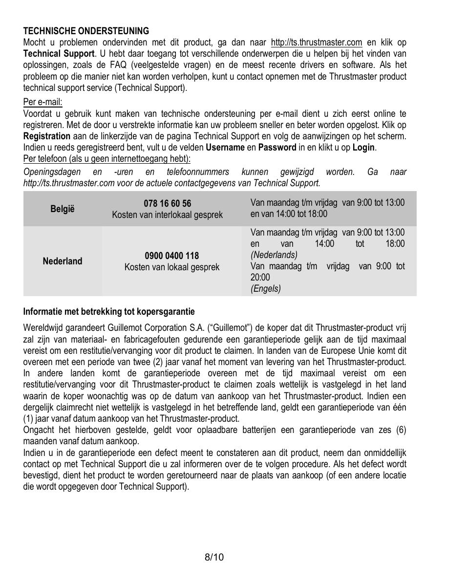 Informatie met betrekking tot kopersgarantie | Thrustmaster Ferrari Challenge PC-PS3 User Manual | Page 39 / 121