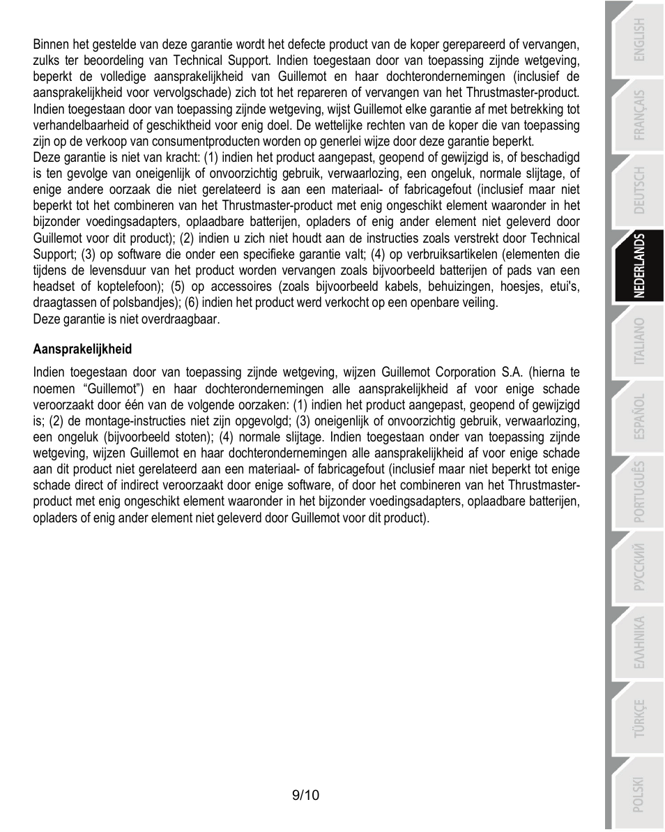 Aansprakelijkheid | Thrustmaster Ferrari Challenge PC-PS3 User Manual | Page 40 / 121