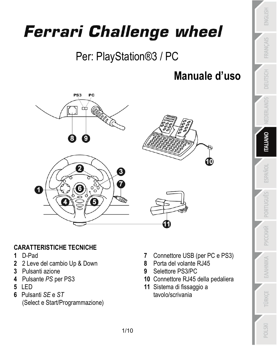 05_ita_ferrari_challenge_wheel_pc_ps3_v3, Caratteristiche tecniche, Manuale d’uso | Per: playstation®3 / pc manuale d’uso | Thrustmaster Ferrari Challenge PC-PS3 User Manual | Page 42 / 121