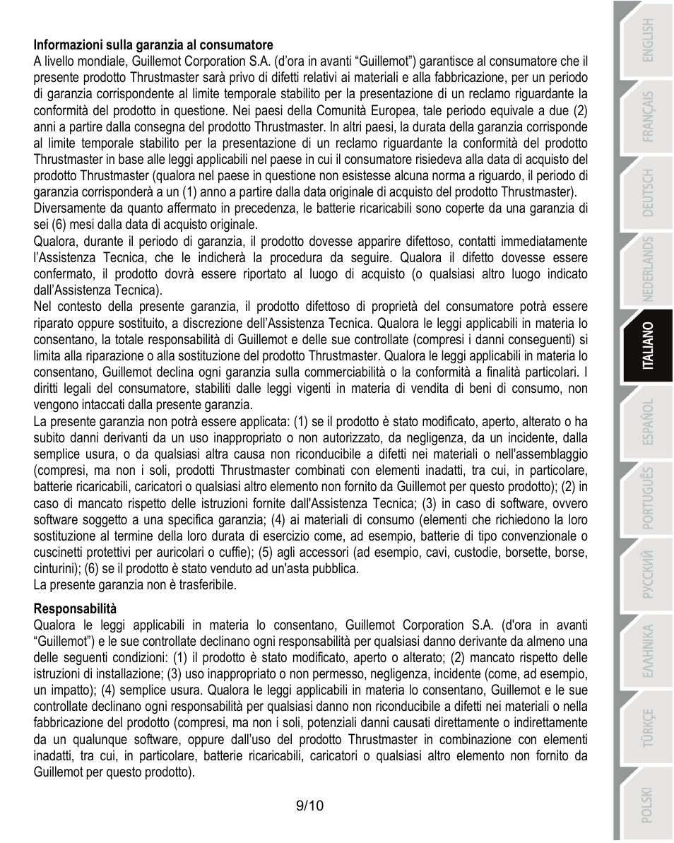 Informazioni sulla garanzia al consumatore, Responsabilità | Thrustmaster Ferrari Challenge PC-PS3 User Manual | Page 50 / 121