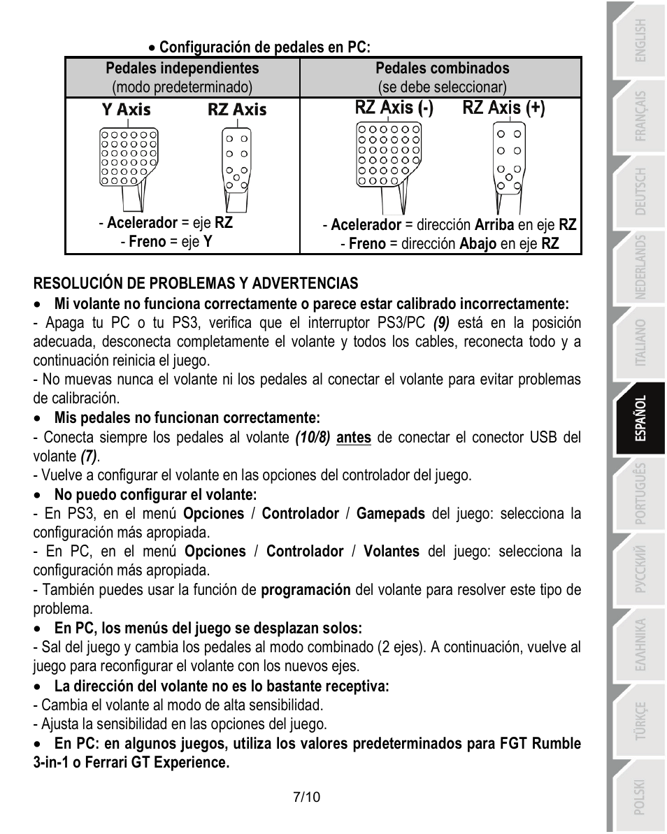 Resolución de problemas y advertencias | Thrustmaster Ferrari Challenge PC-PS3 User Manual | Page 58 / 121