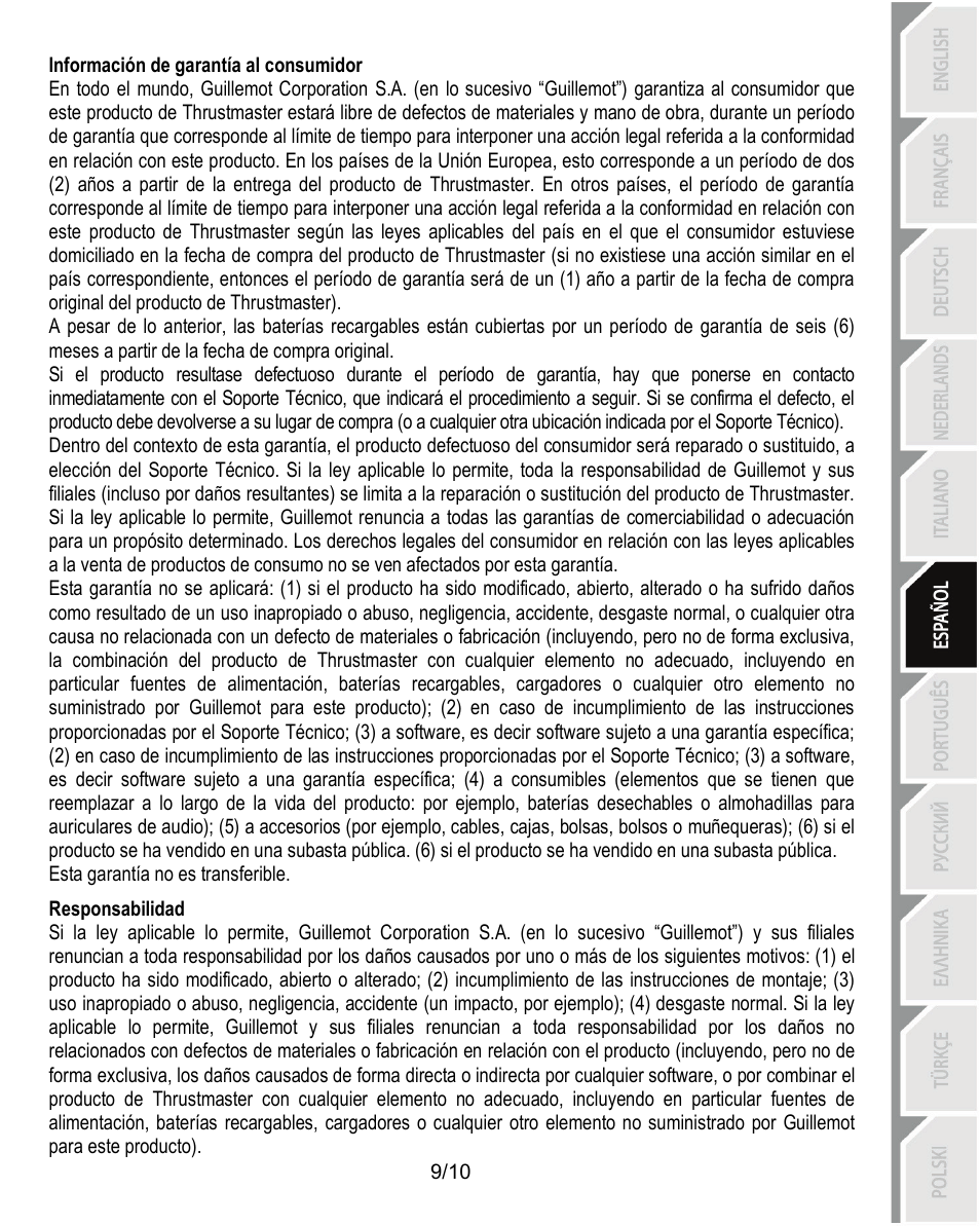 Información de garantía al consumidor, Responsabilidad | Thrustmaster Ferrari Challenge PC-PS3 User Manual | Page 60 / 121