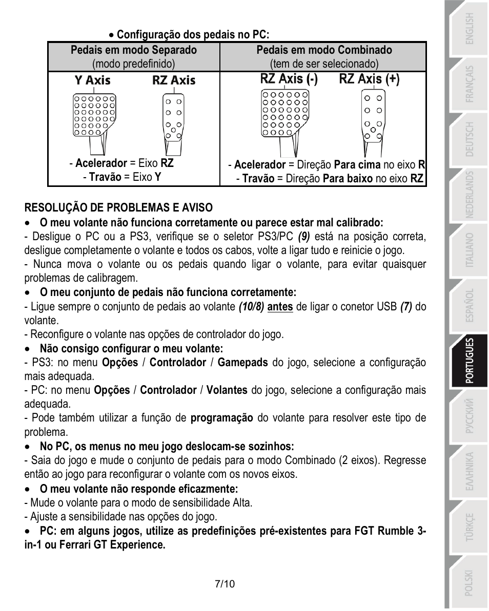 Resolução de problemas e aviso | Thrustmaster Ferrari Challenge PC-PS3 User Manual | Page 68 / 121