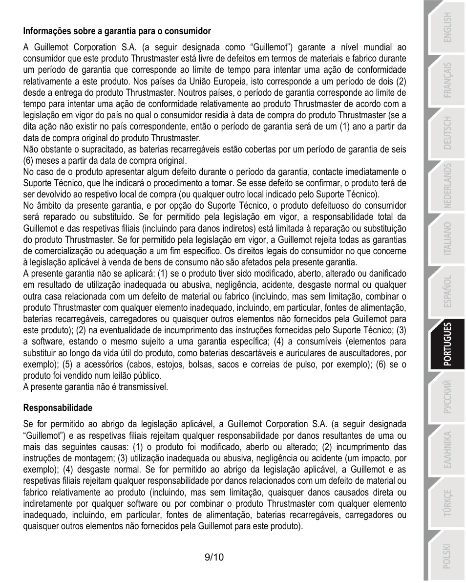 Informações sobre a garantia para o consumidor, Responsabilidade | Thrustmaster Ferrari Challenge PC-PS3 User Manual | Page 70 / 121