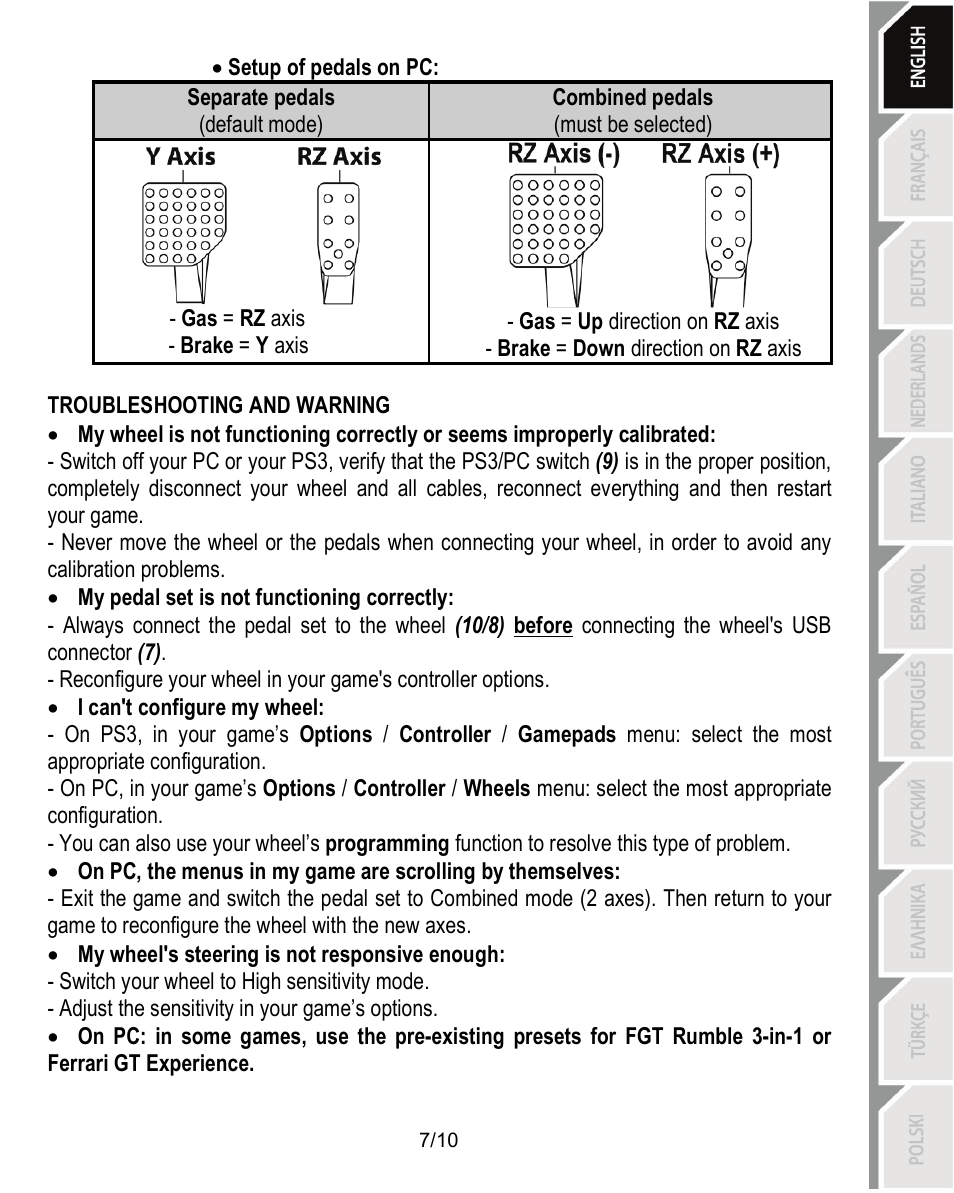 Troubleshooting and warning | Thrustmaster Ferrari Challenge PC-PS3 User Manual | Page 8 / 121