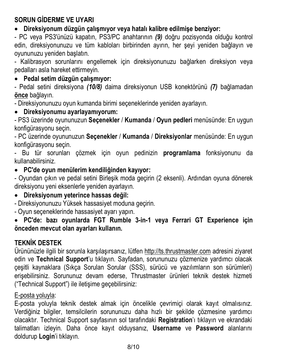 Sorun giderme ve uyari | Thrustmaster Ferrari Challenge PC-PS3 User Manual | Page 99 / 121