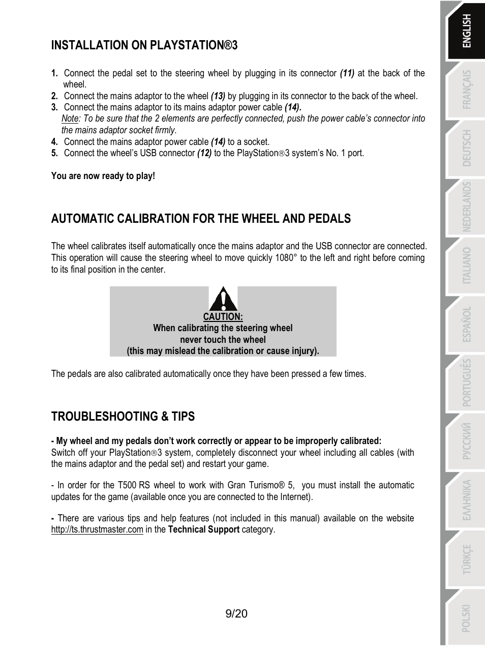 Installation on playstation®3, Automatic calibration for the wheel and pedals, Troubleshooting & tips | Thrustmaster Ferrari F1 RS User Manual | Page 10 / 485