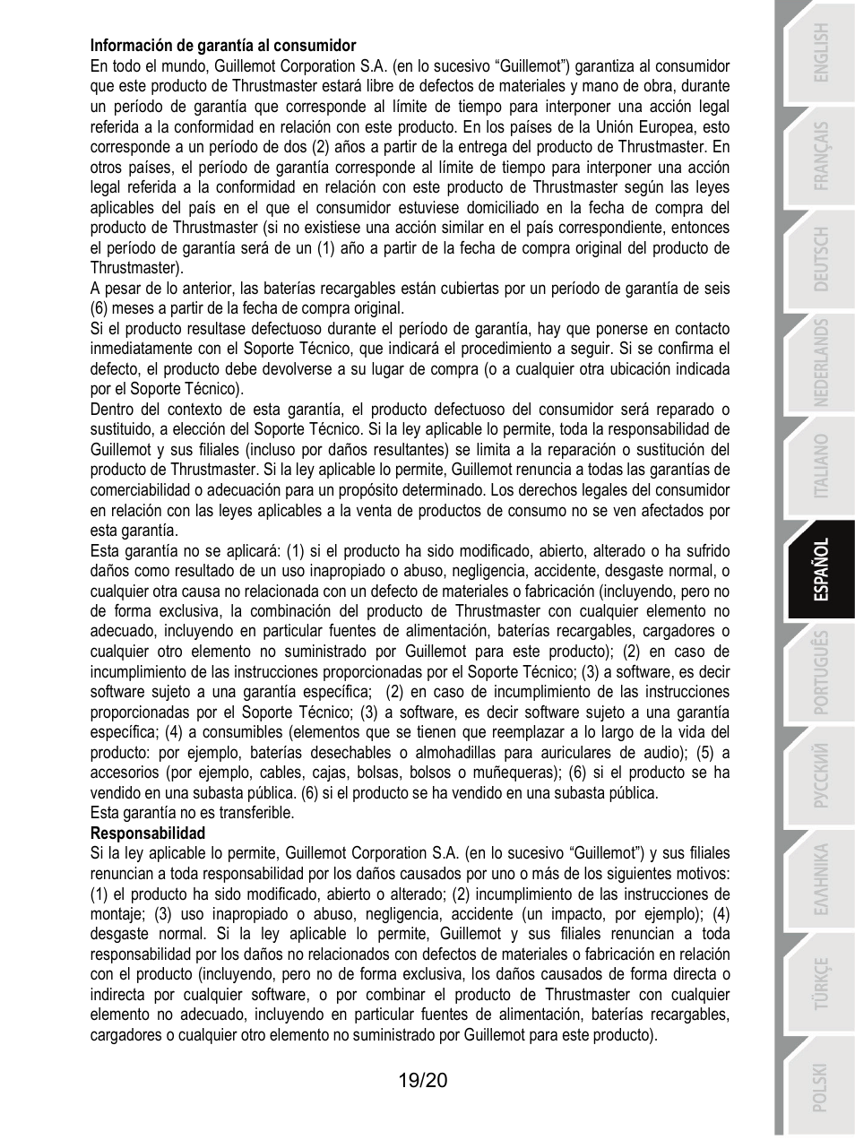 Información de garantía al consumidor, Responsabilidad | Thrustmaster Ferrari F1 RS User Manual | Page 120 / 485