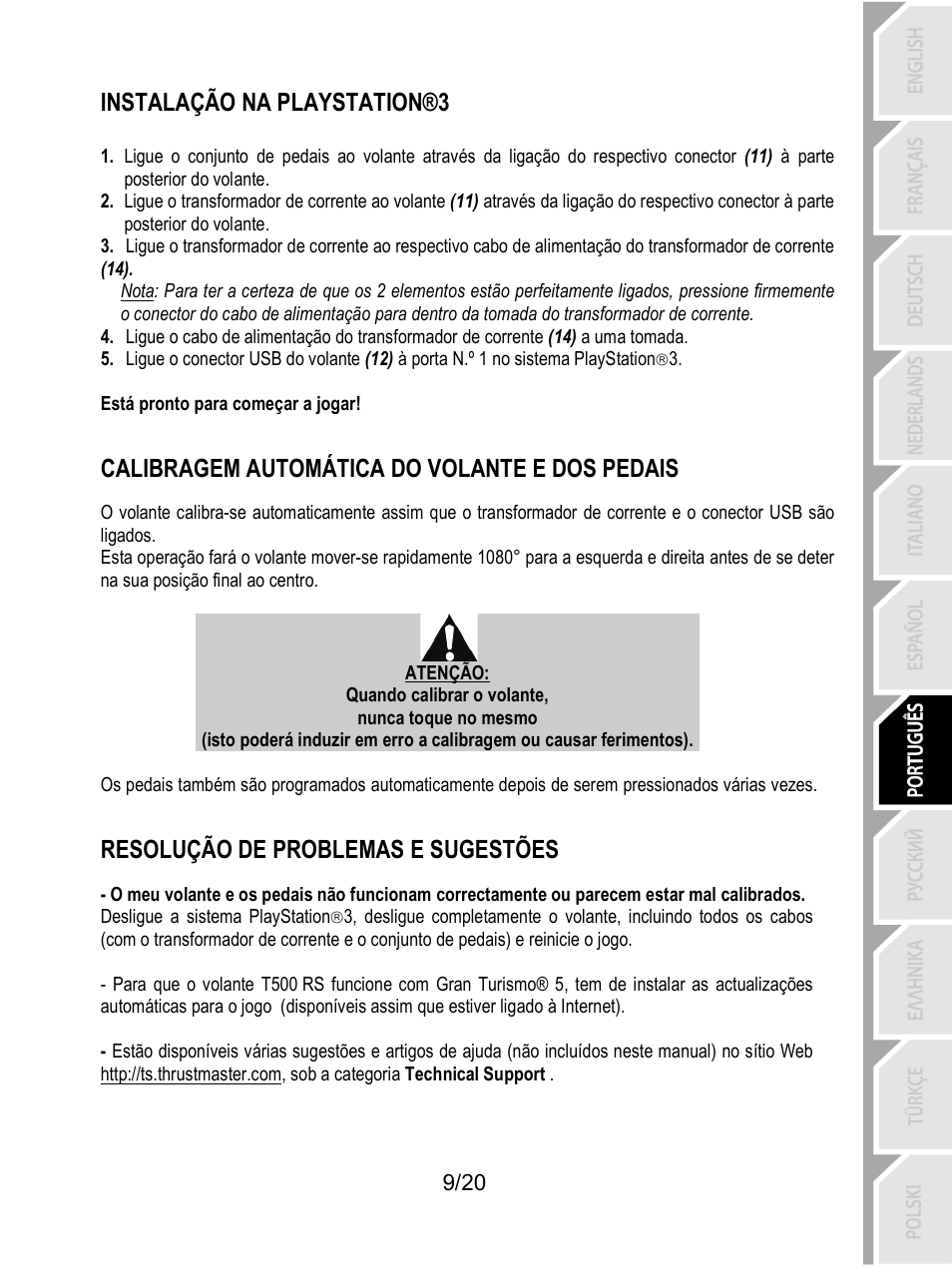 Instalação na playstation®3, Calibragem automática do volante e dos pedais, Resolução de problemas e sugestões | Thrustmaster Ferrari F1 RS User Manual | Page 130 / 485
