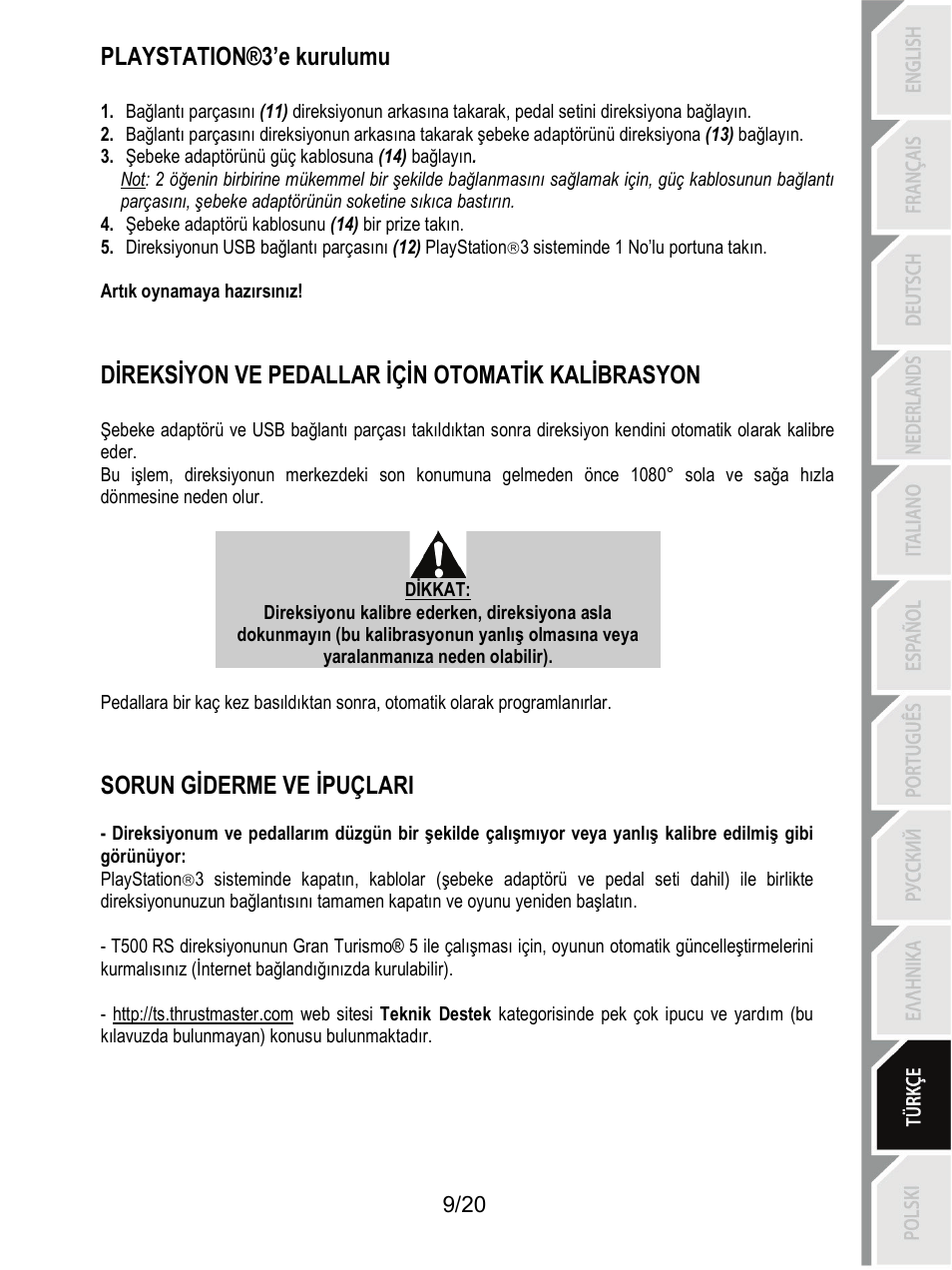 Direksiyon ve pedallar için otomatik kalibrasyon, Playstation®3’e kurulumu, Sorun giderme ve ipuçlari | Thrustmaster Ferrari F1 RS User Manual | Page 190 / 485