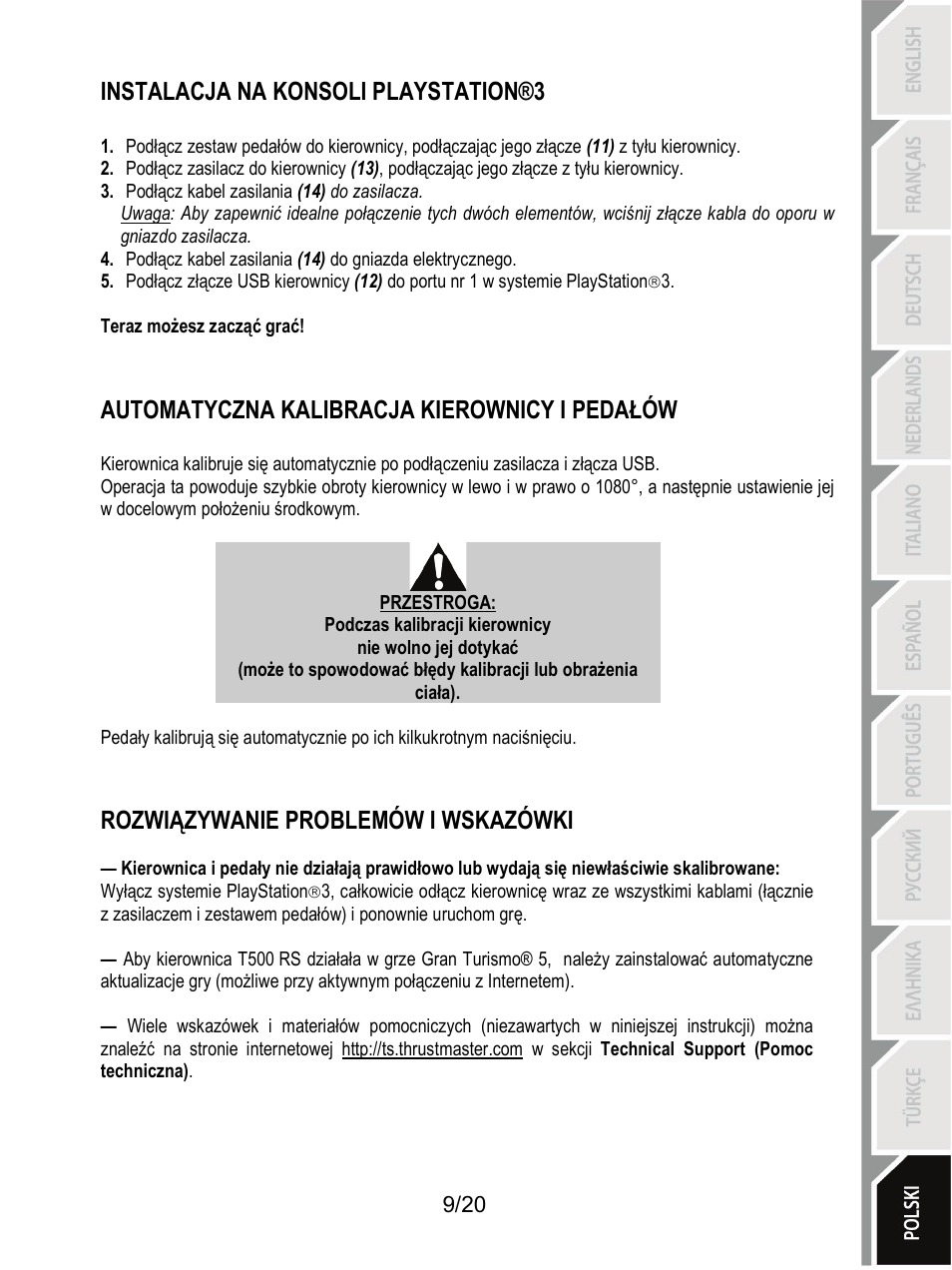 Instalacja na konsoli playstation®3, Automatyczna kalibracja kierownicy i pedałów, Rozwiązywanie problemów i wskazówki | Thrustmaster Ferrari F1 RS User Manual | Page 210 / 485