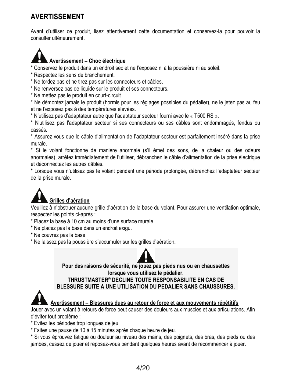 Avertissement | Thrustmaster Ferrari F1 RS User Manual | Page 25 / 485