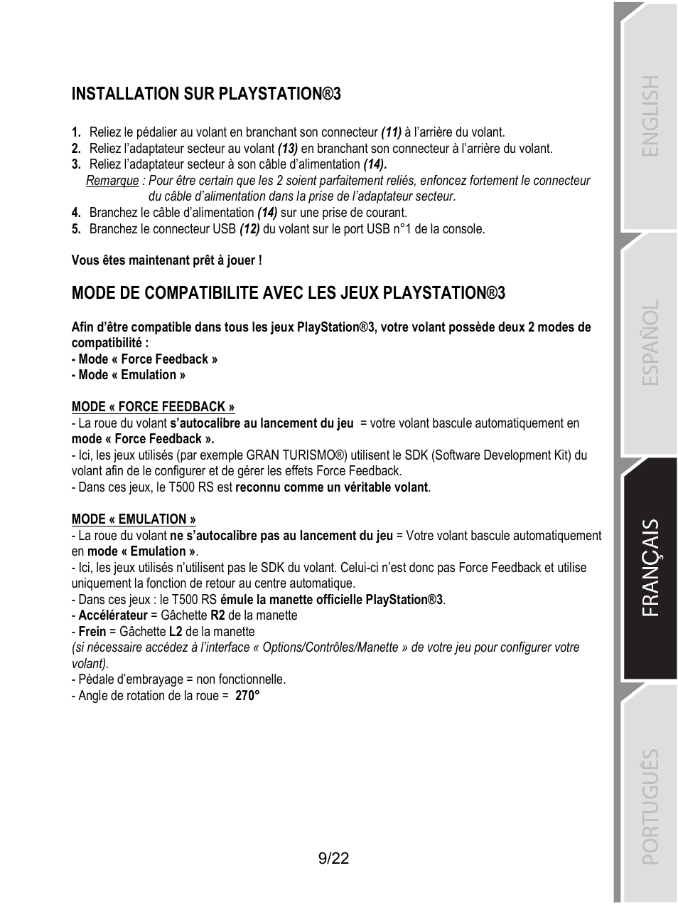 Installation sur playstation®3, Mode de compatibilité avec les jeux playstation®3, Mode de compatibilite avec les jeux playstation®3 | Thrustmaster Ferrari F1 RS User Manual | Page 272 / 485
