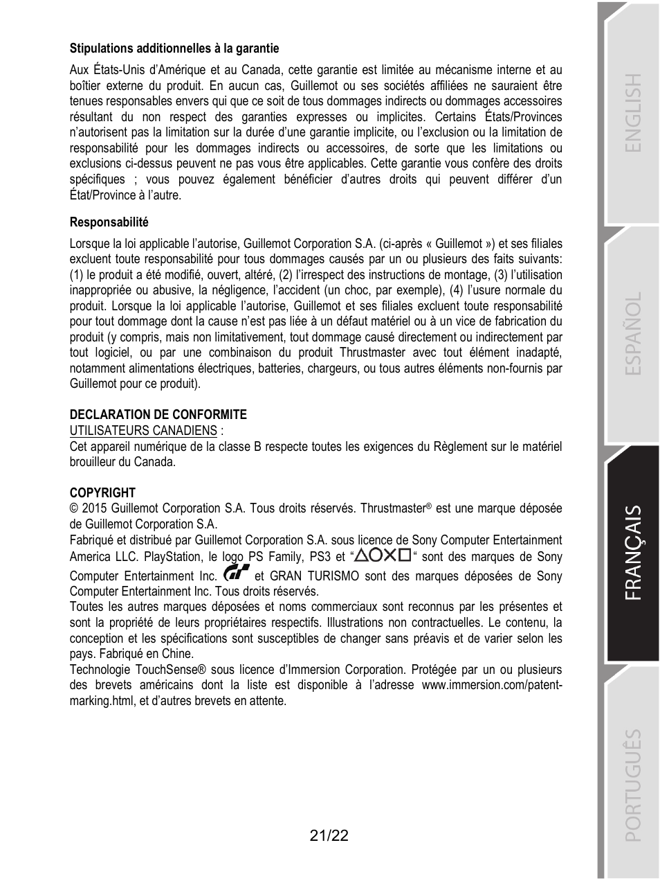 Stipulations additionnelles à la garantie, Responsabilité | Thrustmaster Ferrari F1 RS User Manual | Page 284 / 485