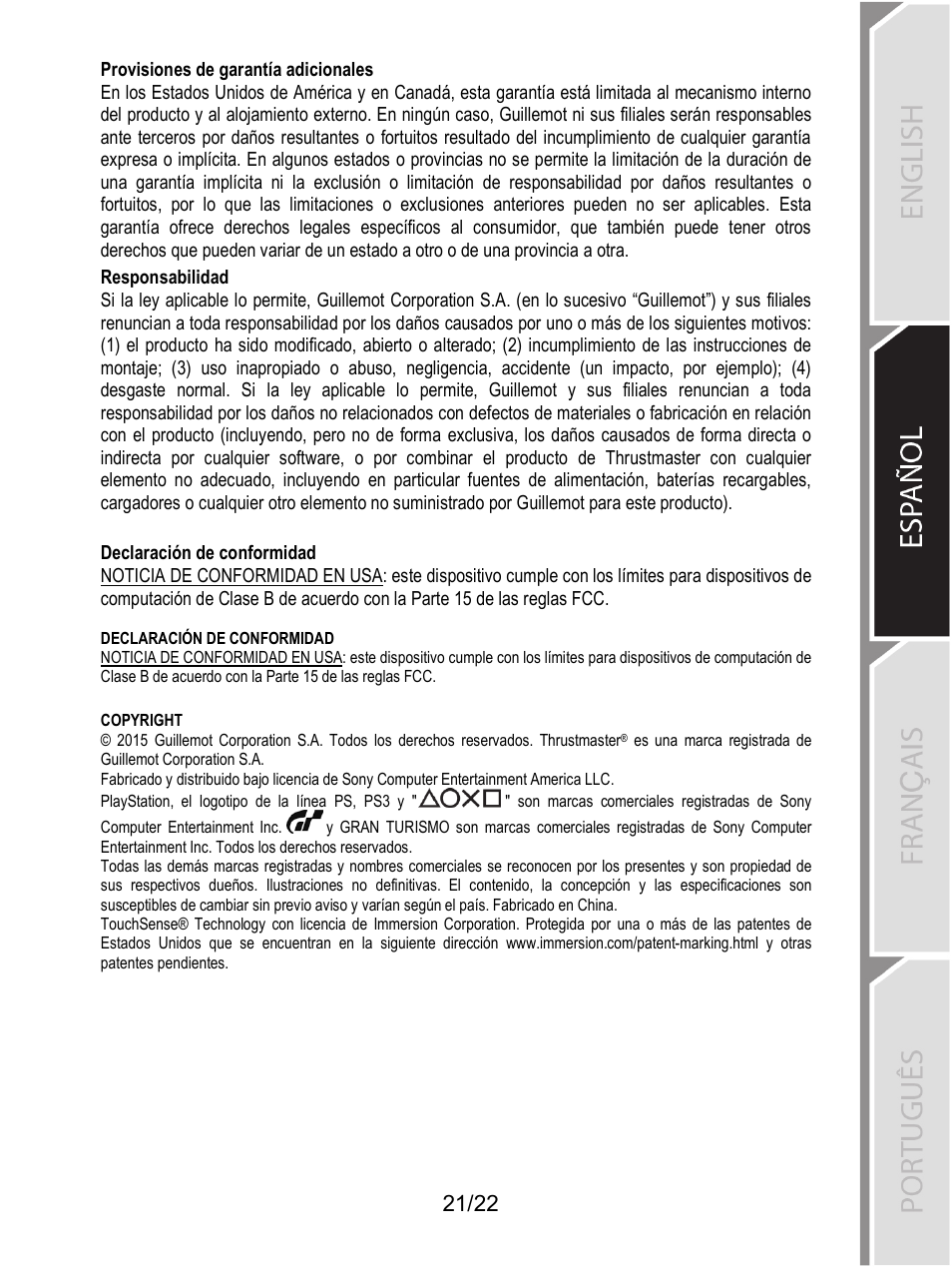 Provisiones de garantía adicionales, Responsabilidad | Thrustmaster Ferrari F1 RS User Manual | Page 306 / 485
