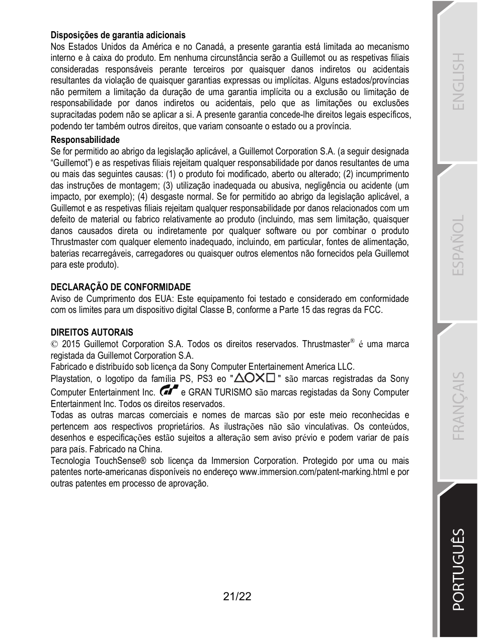 Disposições de garantia adicionais, Responsabilidade | Thrustmaster Ferrari F1 RS User Manual | Page 372 / 485