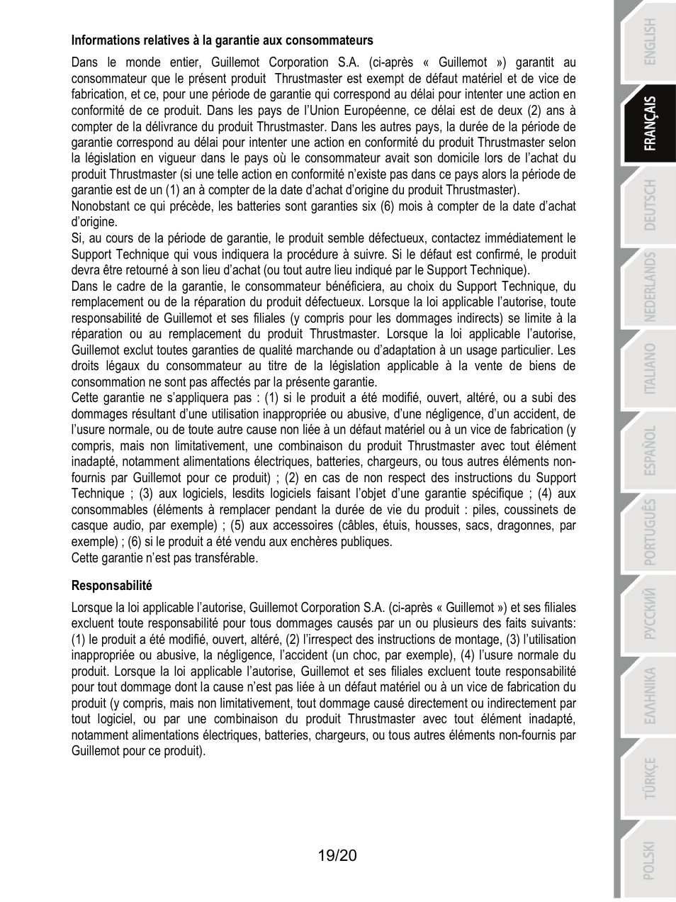 Responsabilité | Thrustmaster Ferrari F1 RS User Manual | Page 40 / 485