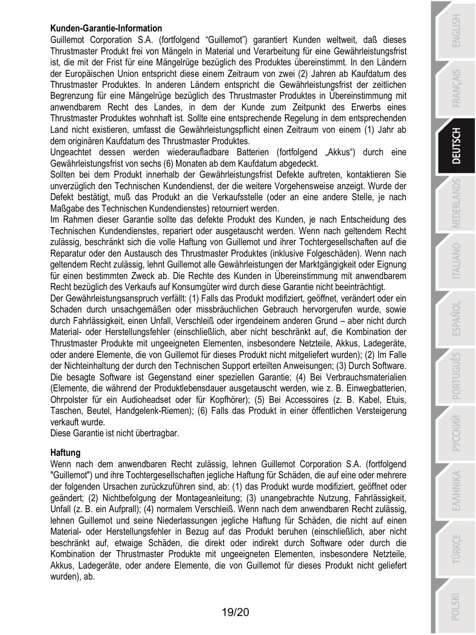 Kunden-garantie-information, Haftung | Thrustmaster Ferrari F1 RS User Manual | Page 60 / 485