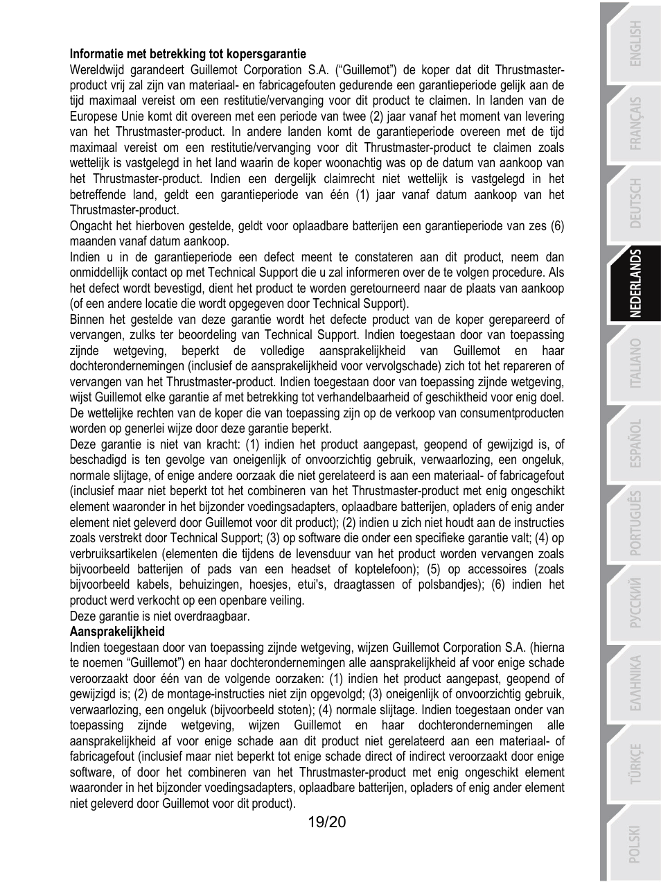 Informatie met betrekking tot kopersgarantie, Aansprakelijkheid | Thrustmaster Ferrari F1 RS User Manual | Page 80 / 485